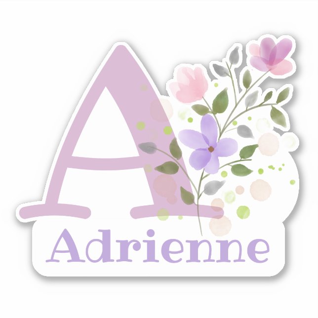 Sticker Nom Adrienne et initiale avec motif floral (Devant)