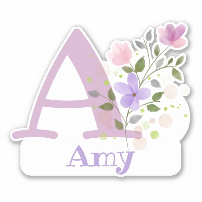 Sticker Nom Amy et Initial avec design floral (Devant)