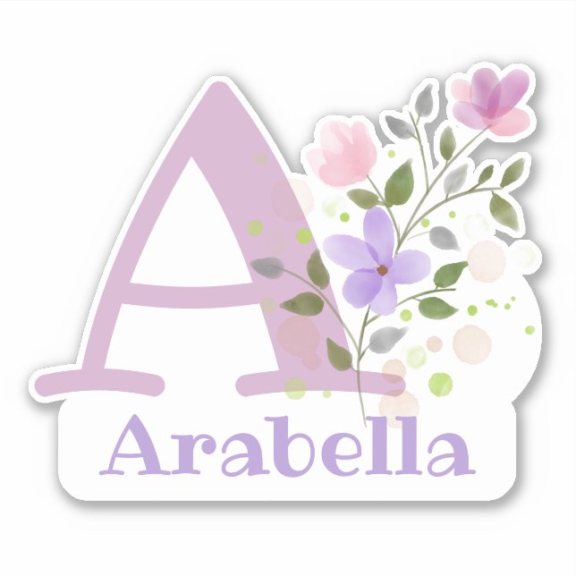 Sticker Nom Arabella et Initial avec design floral (Devant)