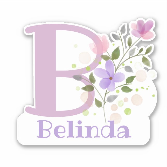 Sticker Nom Belinda plus Initiale avec motif floral (Devant)