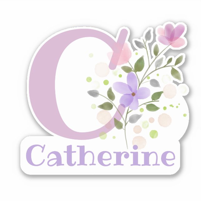 Sticker Nom Catherine plus Initial avec Floral Design (Devant)