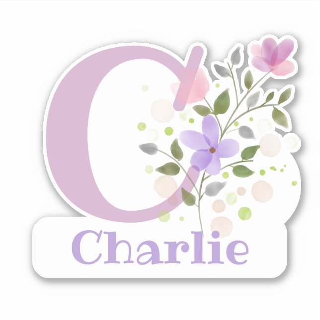 Sticker Nom Charlie plus initiale avec motif floral (Devant)