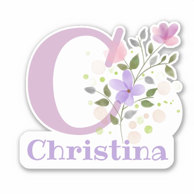 Sticker Nom Christina & Initiale avec motif floral (Devant)