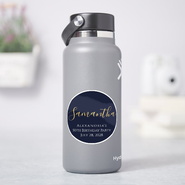 Sticker Nom de l'invité 50e Anniversaire Fête Navy Or Auto (HydroFlask)