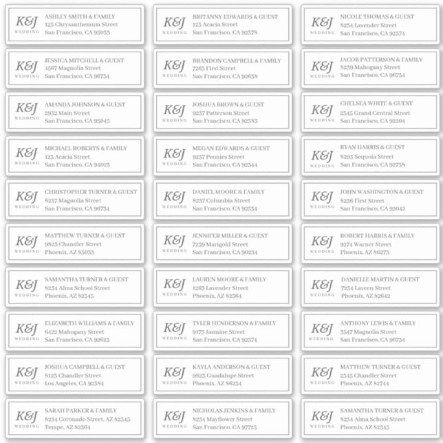 Sticker Nom d'invité Mariage Monogramme classique Adresse (Devant)