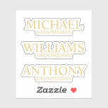Sticker Nom du Groomsman Personnalisé en Or Moderne<br><div class="desc">Ajoutez une touche personnelle à votre mariage avec un autocollant personnalisé. avec le nom et le titre du toiletteur personnalisé dans le style de police serif classique or. Aussi parfait pour Best Man, Père de la Mariée et plus. Remarque : Les détails du papier sont simulés dans l'illustration. Il n'y...</div>