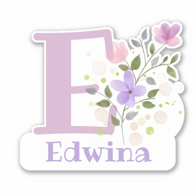 Sticker Nom Edwina plus initiale avec motif floral (Devant)