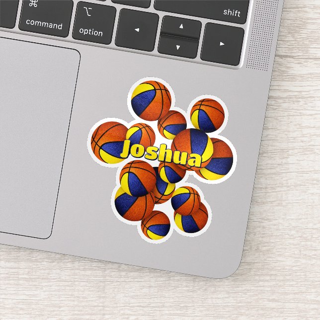 Sticker nom enfant bleu or équipe couleurs basket balles (Détail)