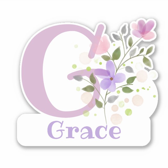 Sticker Nom Grace plus initiale avec motif floral (Devant)