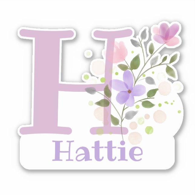 Sticker Nom Hattie & Initiale avec motif floral (Devant)