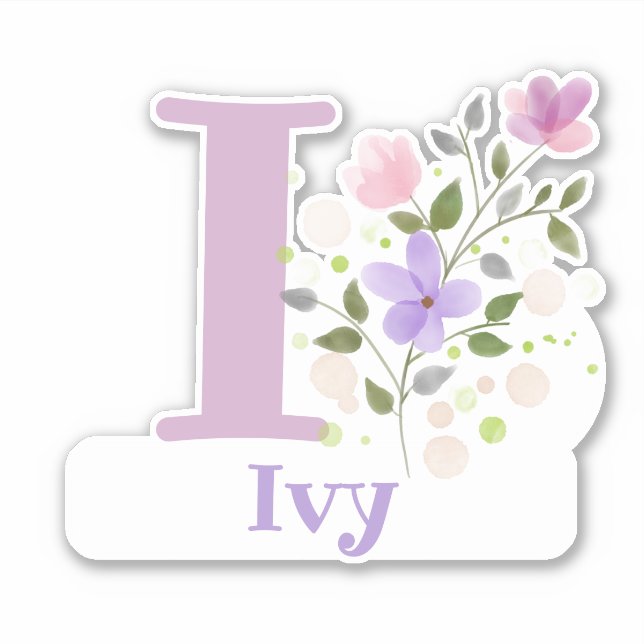 Sticker Nom Ivy & Initial avec design floral (Devant)