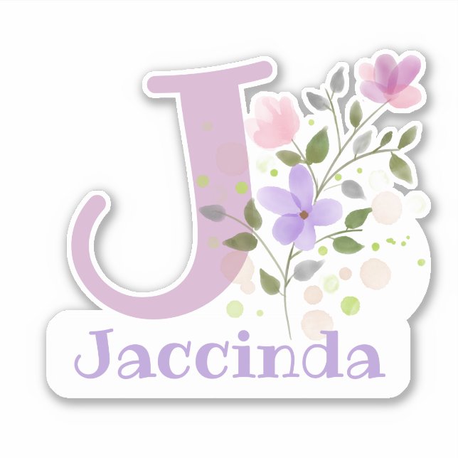 Sticker Nom Jaccinda plus Initial avec motif floral (Devant)