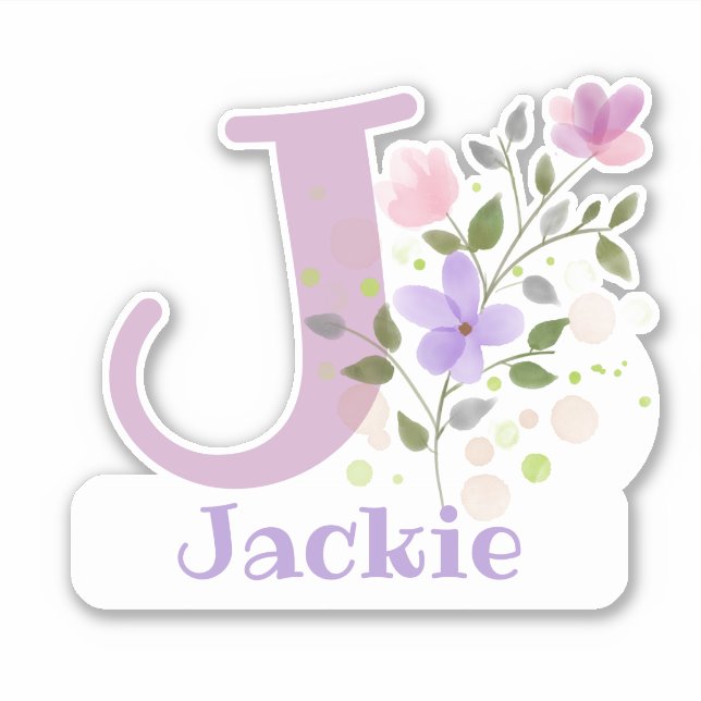 Sticker Nom Jackie plus initiale avec motif floral (Devant)