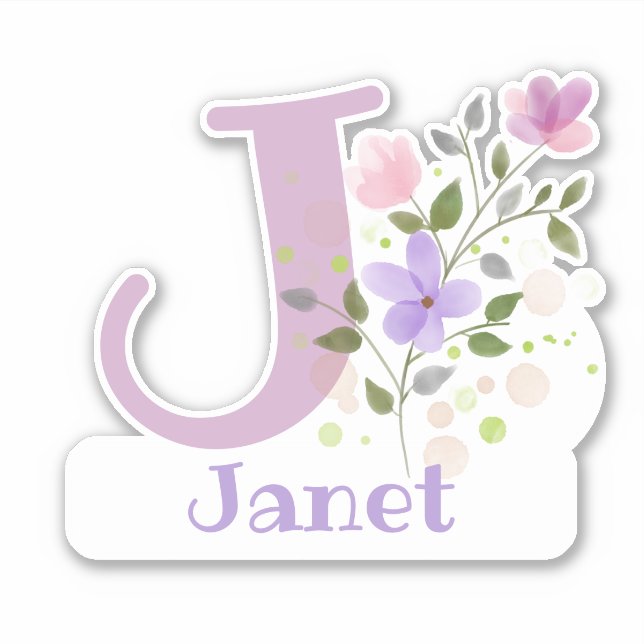 Sticker Nom Janet & Initial avec design floral (Devant)