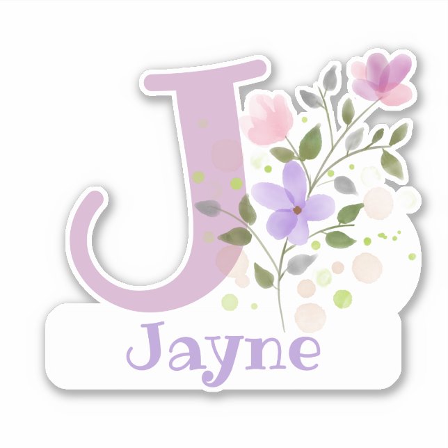 Sticker Nom Jayne & Initiale avec motif floral (Devant)