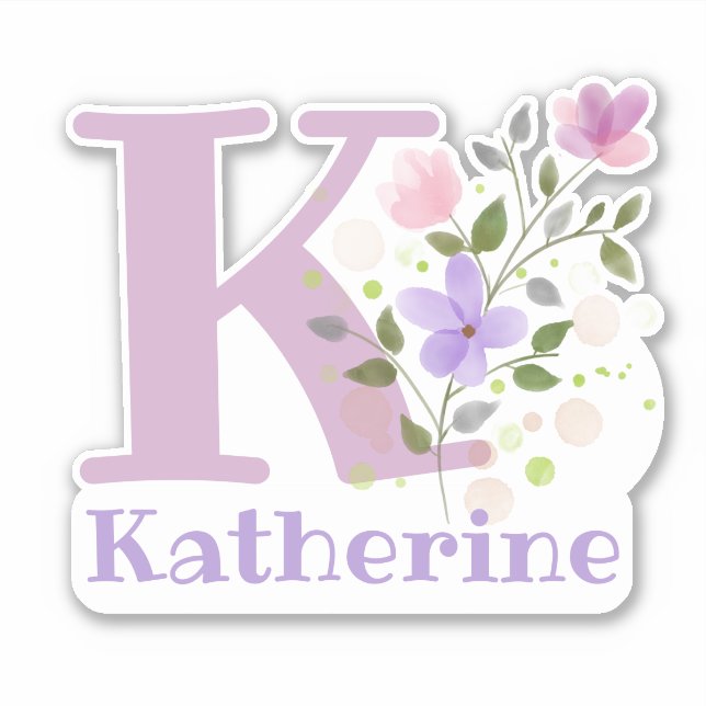 Sticker Nom Katherine plus initiale avec motif floral (Devant)