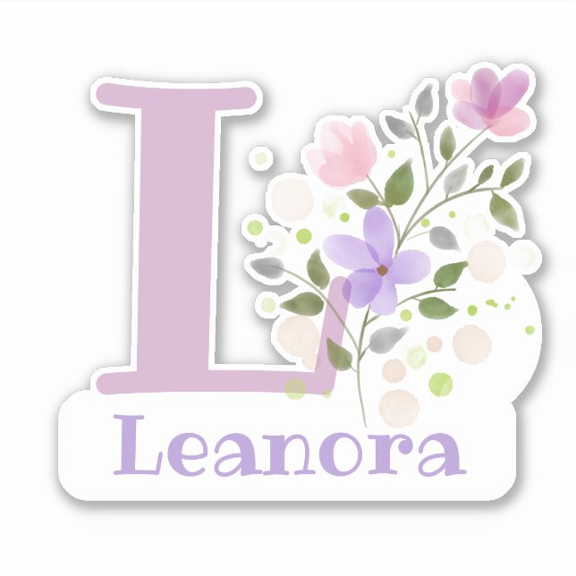 Sticker Nom Leanora & Initial avec design floral (Devant)