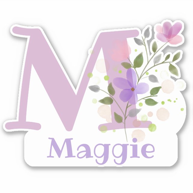 Sticker Nom Maggie plus Initial avec motif floral (Devant)