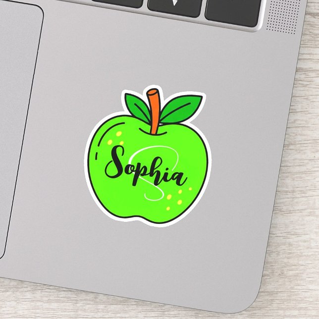 Sticker Nom mignon personnalisé & monogramme | Professeur  (Personalized green apple teacher sticker, custom monogram name decal, cute green apple teacher gift)