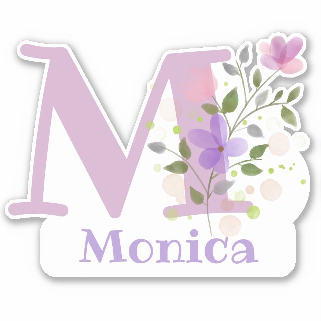 Sticker Nom Monica plus Initial avec Floral Design (Devant)