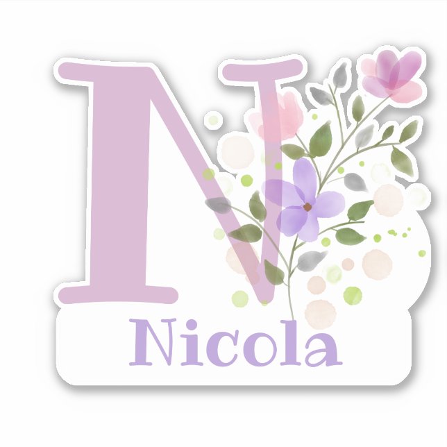 Sticker Nom Nicola & Initiale avec motif floral (Devant)