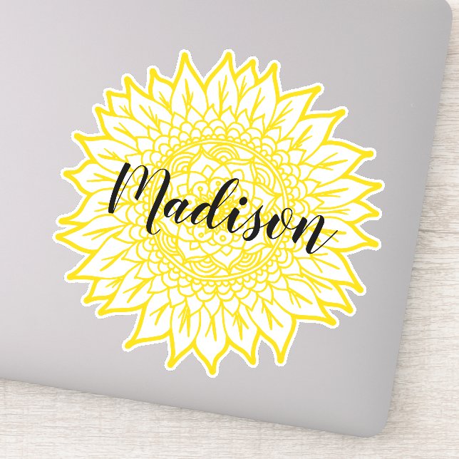 Sticker Nom personnalisé Fleur de tournesol jaune Mandala (Détail)