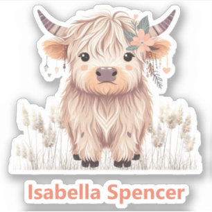 Sticker Nom personnalisé Girl mignonne Modern Highland Cow