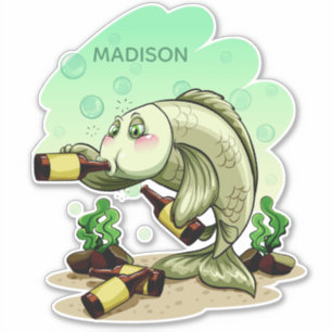 Sticker Nom personnalisé poisson rigolo buveur de bière