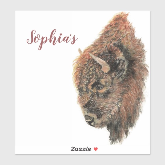 Sticker Nom personnel Aquarelle Buffalo, Bison Animal (Feuille)
