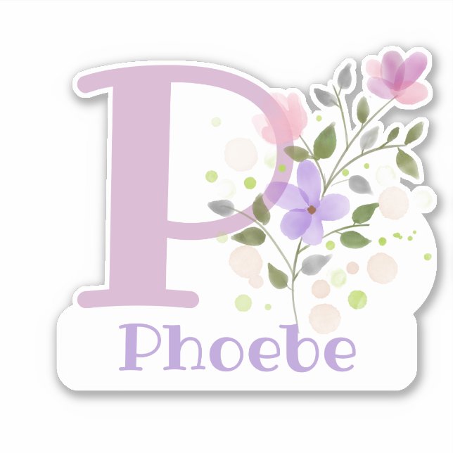 Sticker Nom Phoebe & Initiale avec motif floral (Devant)