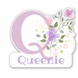 Sticker Nom Queenie & Initiale avec Design Floral