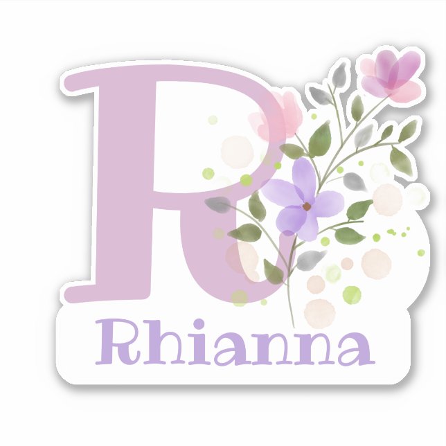 Sticker Nom Rhianna plus Initial avec motif floral (Devant)
