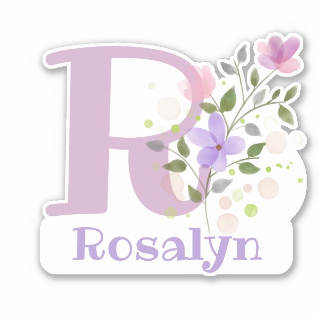 Sticker Nom Rosalyn plus Initial avec Floral Design (Devant)