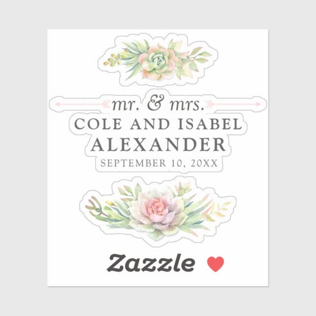 Sticker Noms de succulentes aquarelles rustiques & Date du (Feuille)