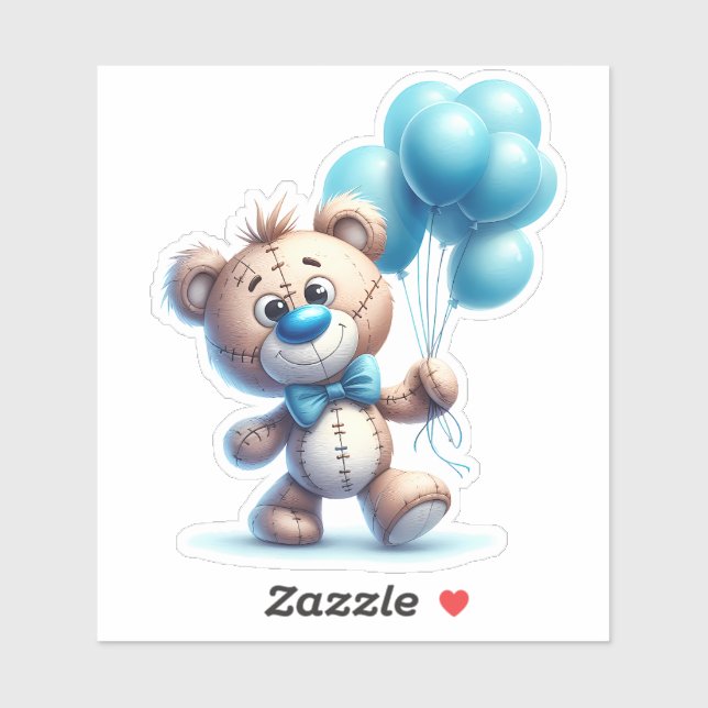 Sticker Nounours avec ballons bleus (Feuille)