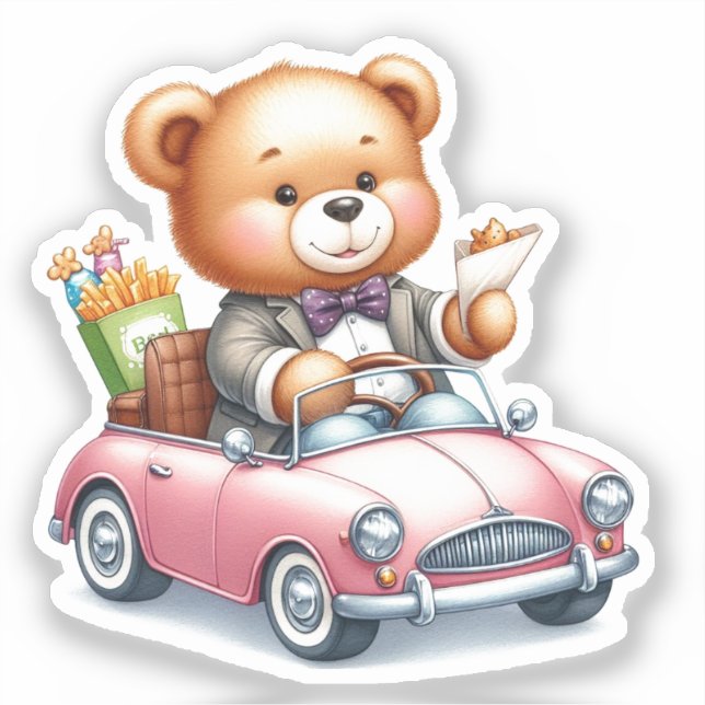 Sticker Nounours Mignon au Volant Kawaii et Amoureux des A (Recto)