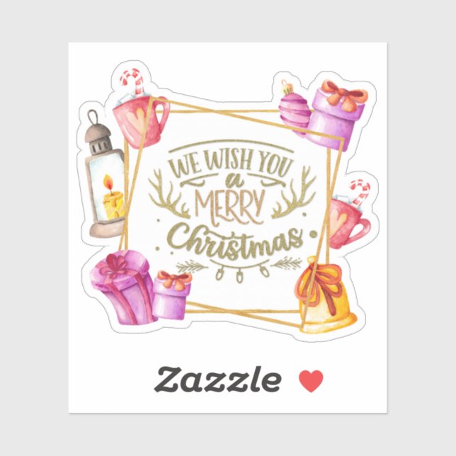 Sticker Nous vous souhaitons un joyeux Noël rose et violet (Feuille)