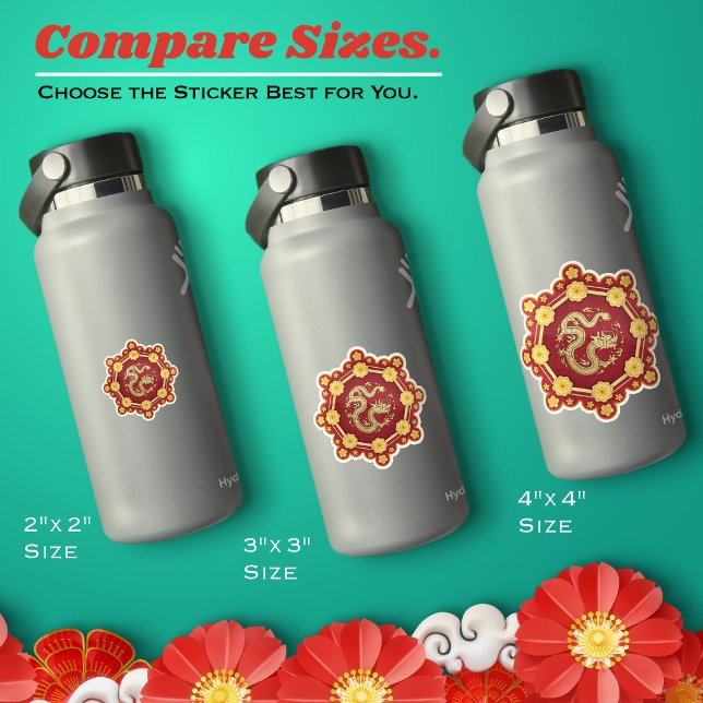 Sticker Nouvel An Chinois Huit Fleurs D'Or Lucky Dragon (Chinese New Year Sticker–Eight Lucky Golden Flowers and Dragon–Available in six different sizes.)