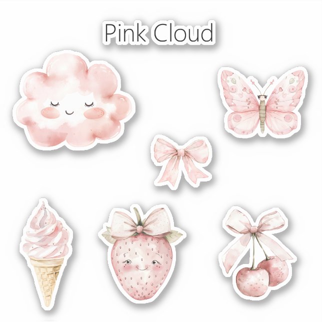 Sticker Nuage Rose Heureux Cils Papillon Fraise (Devant)