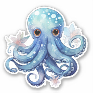 Sticker octopus bleu aquarelle