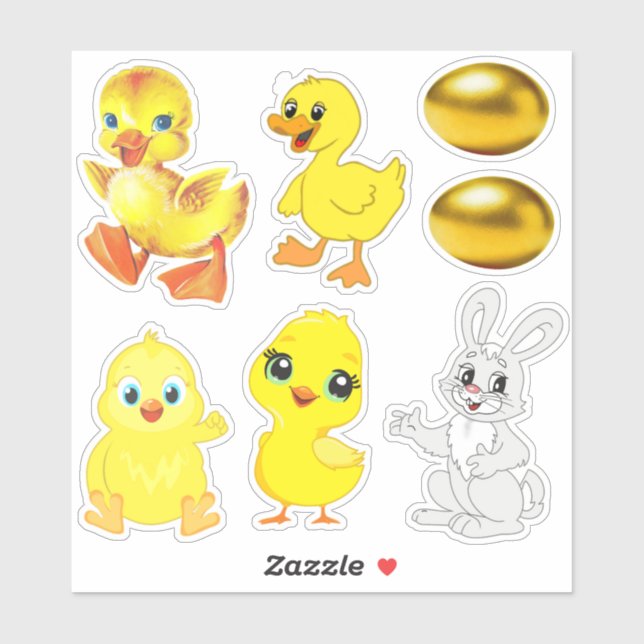 Sticker Oeufs de Pâques mignons, Lapin, Canards & Poussins (Feuille)
