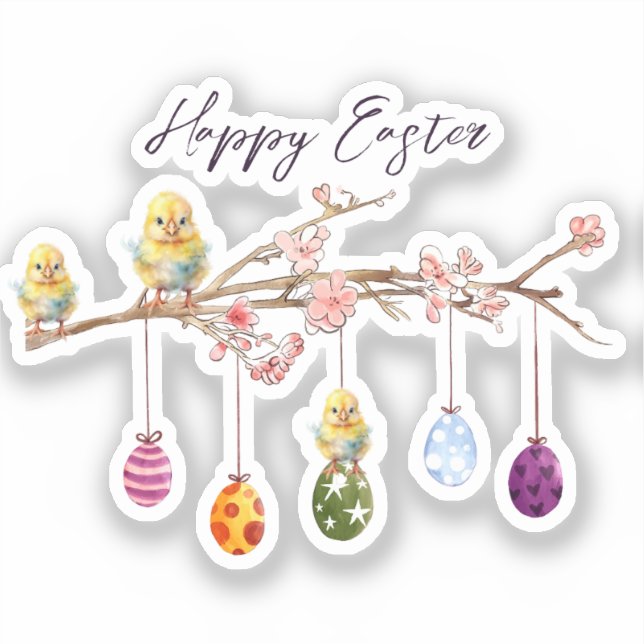 Sticker Oeufs de Pâques sur la branche de floraison Joyeux (Recto)