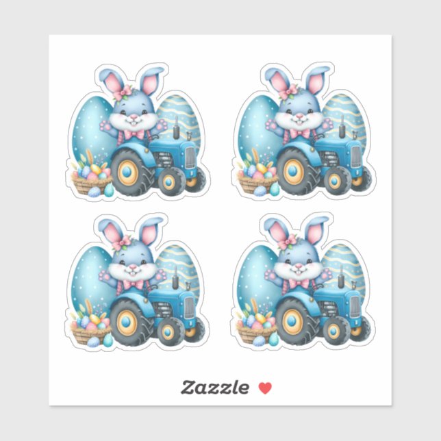 Sticker OEufs de tracteur de lapin bleu de Pâques (Feuille)