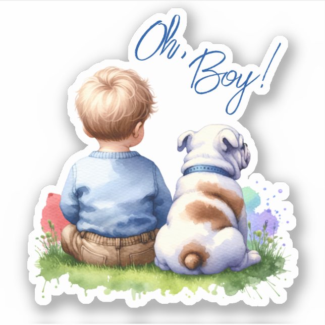 Sticker Oh, mon garçon ! Baby shower Baby and Bulldog (Devant)