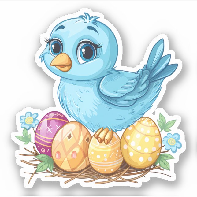 Sticker Oiseau bleu sur un nid avec oeufs de Pâques (Devant)