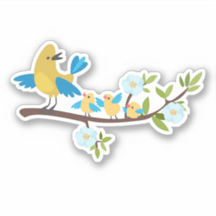 Sticker Oiseau jaune avec poussins sur une branche fleurie