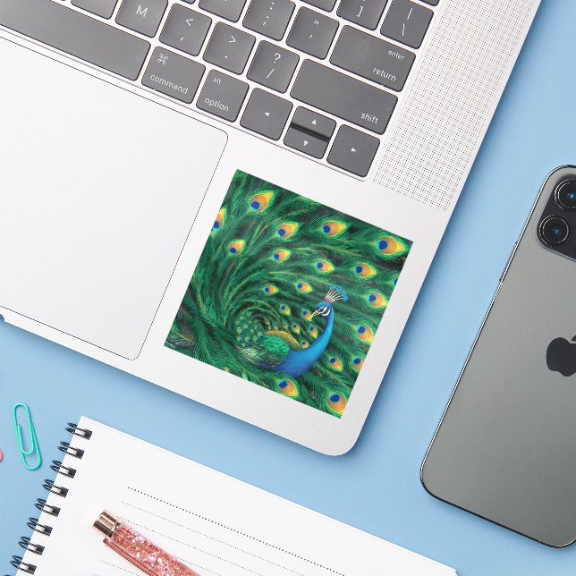 Sticker Oiseau Paon Bleu (Ordinateur portable avec iPhone)