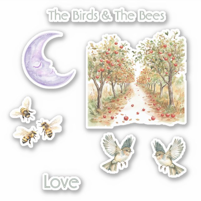 Sticker Oiseaux Abeilles Pommiers Amour Lune (Devant)