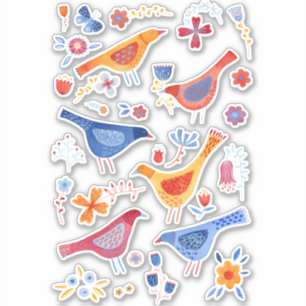 Sticker Oiseaux dans un jardin Aquarelle Peinture nature