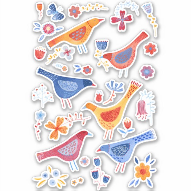 Sticker Oiseaux dans un jardin Aquarelle Peinture nature (Devant)